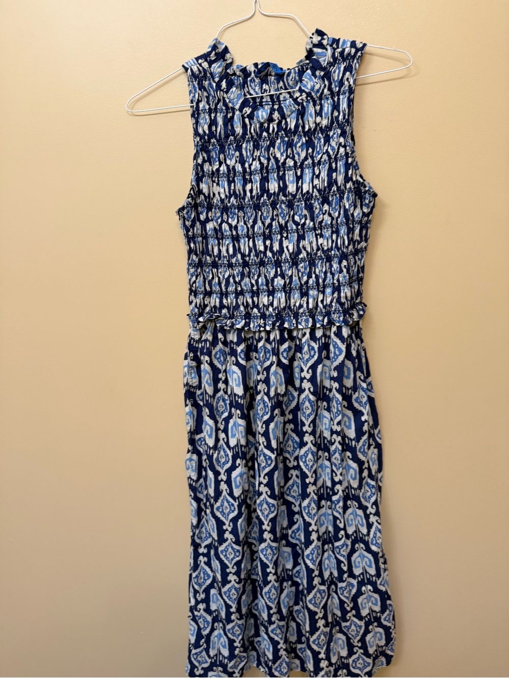 Sleeveless Blue Printed Maxi Dress with Smocked Bodice